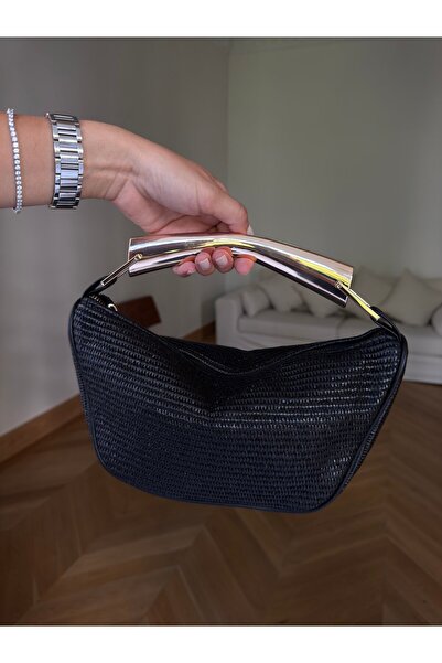 Tina İstanbul Gold Metal Handle Straw Bag Black