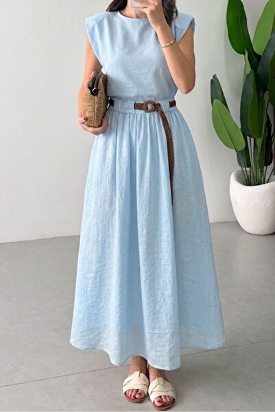 Suziş Blue, Padded, Garnished and Leather Belted Dress 0103