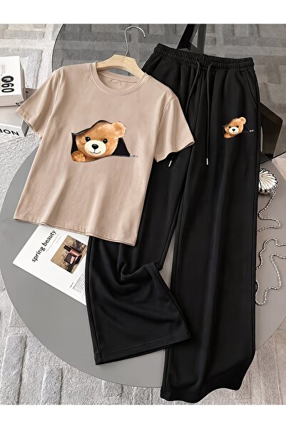 macklin Unisex Women's Men's Zipper Bear Print Oversized Tshirt and Baggy Swe...