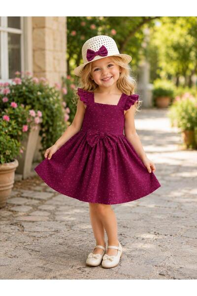 KOZADANKIDS Kız Çocuk Simli Bordo Fiyonklu Yazlık Elbise ŞAPKA HEDİYELİ