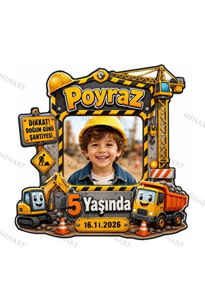 Minart 25 Adet Fotoğraflı Doğum Günü Magneti, İnşaat Vinçli Temalı Vinç İş Ma...