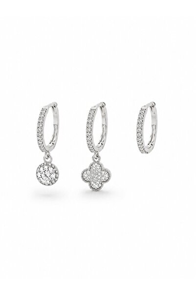 serelya Brass Silver Color Clover Model 3-Piece Women's Earring Set
