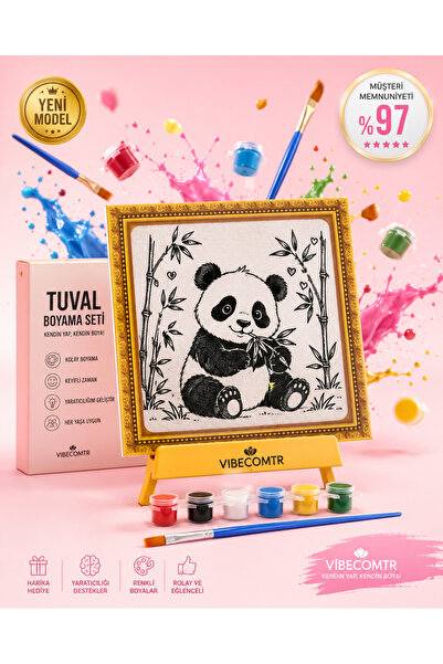 Sarı Standlı Ahşap Çerçeveli Tuval Boyama Seti | Boya ve Fırça Dahil | Karışık Desenli DIY Hobi ve Sanat Seti