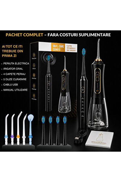 INOMEVIX Set irigator bucal tip dus bucal, periuta de dinti electrica sonica, irigator oral fara fir, portabil, 5 moduri, 5 trepte de presiune, rezervor 300 ml, 5 duze, 4 capete periuta, IPX7, USB, negru