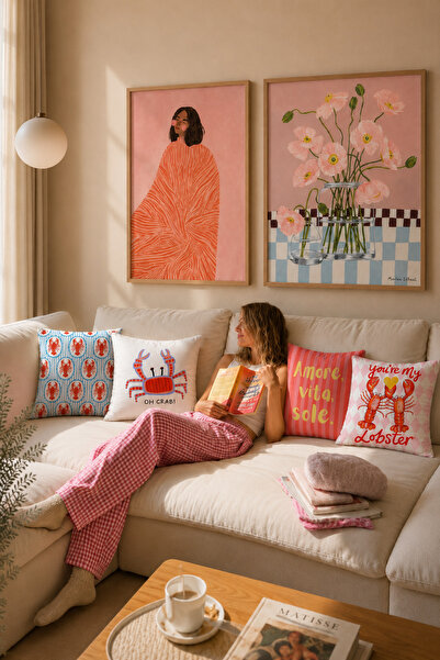 Evmila Marin Lobster Text Printed Combination Patterned Decorative Throw Pill...