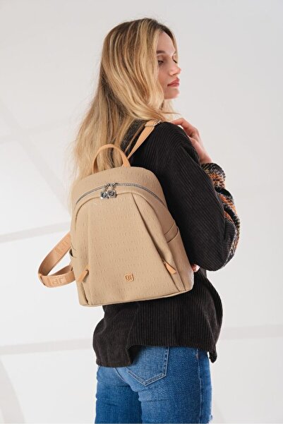 Just Polo Women's Beige Backpack with Logo Print, Zipper Closure, Double Stra...