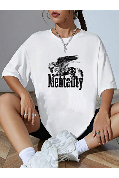 DEEPSENCE Women's White Oversize T-Shirt Mentalıty