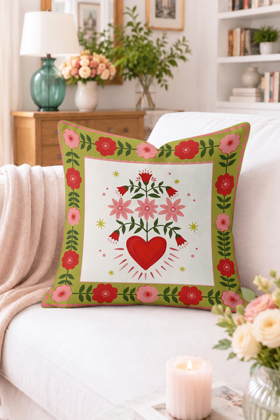 Home Kalp ve Çiçek Motifli Kırlent Kılıfı - Yeşil Zeminli Renkli Dekoratif Ya...