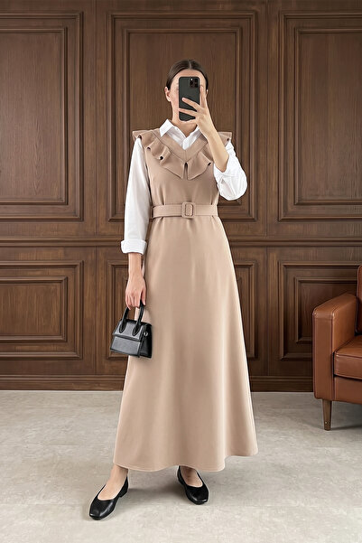 MODAQU Rochie Hijab lungă cu decolteu în V și curea - Bej