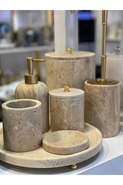 ege gross DEKORATİF DOĞAL TRAVERTEN MERMER 7 PARÇA GOLD TOP BANYO SETİ