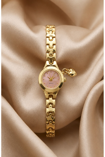 GANYMET Apolia Women's Gold Steel Band Pink Dial Heart Charm Detailed Luxury ...