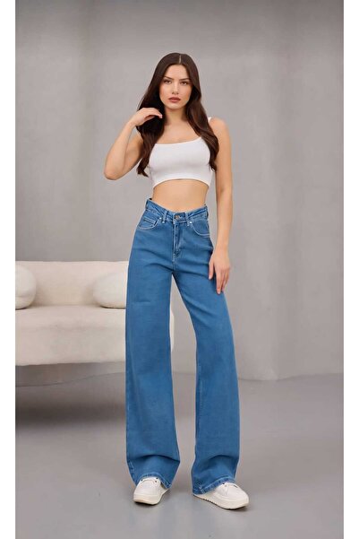 Lighter Jeans Μεσαίο μπλε ελαστικό τζιν παντελόνι με φαρδιά μπατζάκια και άνε...
