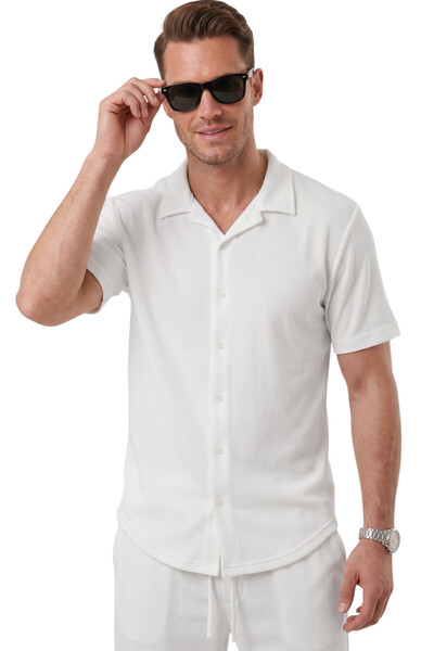 DeepSEA White Apaş Collar Textured Cotton Men's Shirt – Lycra Short Sleeve Sh...