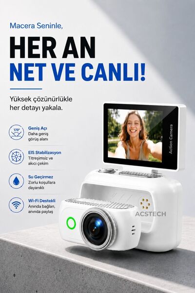 ACSTECH 4K Vlog Kamerası | Fotoğraf ve Video | Wi-Fi | Çift Ekran | 170° Geni...