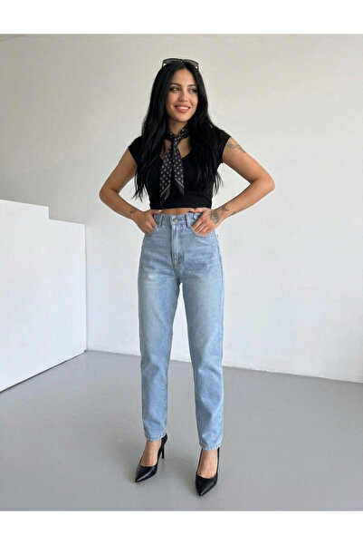 SHEVEGA Ice Blue High Waist Belt Detailed Trendy Mom Jean Boyfriend Jeans