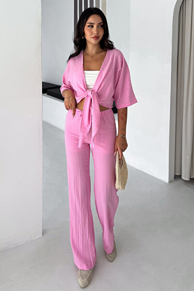 Noa&Noa Women's Tie-Up Crop Blouse & Striped Wide-Leg Kimono Pants Set – Summ...