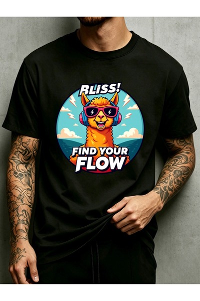 BASEPULSE Cartoon Alpaca with Sunglasses Headphones Design Men'S Round Neck T...