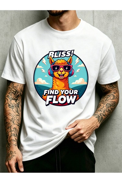 BASEPULSE Cartoon Alpaca with Sunglasses Headphones Design Men'S Round Neck T...