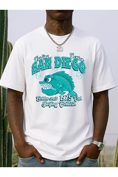 STITCHLY Men's San Diego Surf Fishing 180GSM 100% Cotton White - Surfboard & ...
