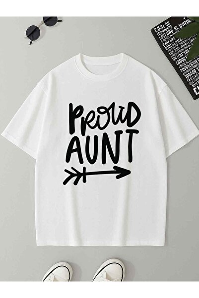 BASEPULSE تي شيرت رجالي بطباعة "Proud Aunt" مع تصميم السهم، أبيض اللون، بقصة ...