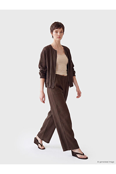 LC Waikiki Brown Women's Linen Trousers with Elastic Waist