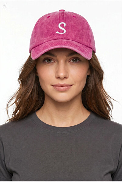ŞapkaMania Letter S Pink Embroidered Washable Vintage Unisex Hat