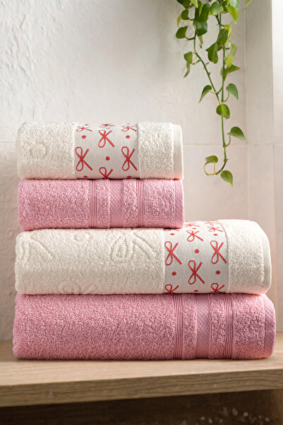 DNZGÜLCAN 4-Piece Bowknot Embroidered - Jacquard Towel Set (2 Pieces 50X90 cm...