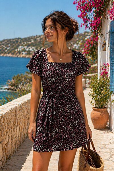 yb yağmur butik Square Collar Angel Sleeve Leopard Pattern Viscose Dress