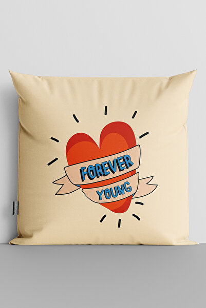 Forever Young Yazılı Kalp Çift Tarafı Dijital Baskılı Yastık Kırlent Kılıfı - 3642
