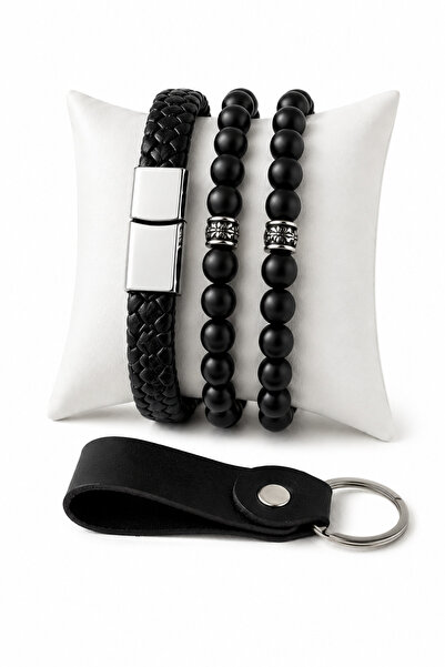 EVVELİ 4-Piece Men's Accessory Set Leather Bracelet Natural Onyx Stone Bracel...
