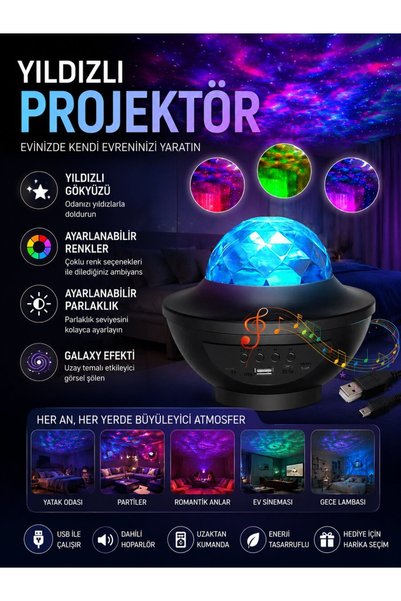 Galaxy Efektli LED Gece Lambası Projektörü Bluetooth Bağlantılı - CAONMB1549-2169