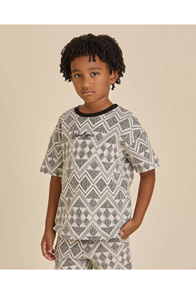 REDTAG Boys Black Geometric Jacquard T-Shirt