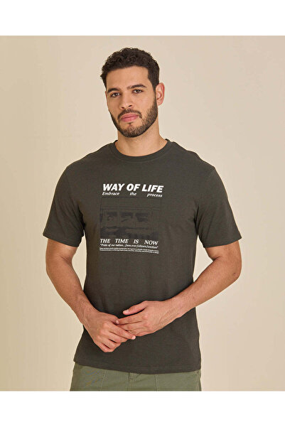 REDTAG Men Olive Green Basic Graphic T-Shirt