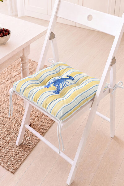 Home Mavi Istakoz Motifli Pofidik Sandalye Minderi - Sarı Çizgili Dekoratif M...