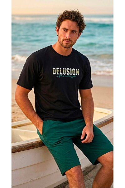 Pijamask Black Printed Comfortable / Men's T-Shirt and Kâkül Green Shorts Com...