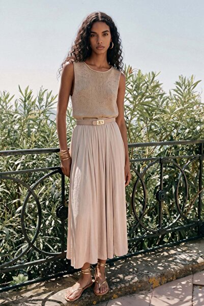 Sateen Flared Skirt - Stone