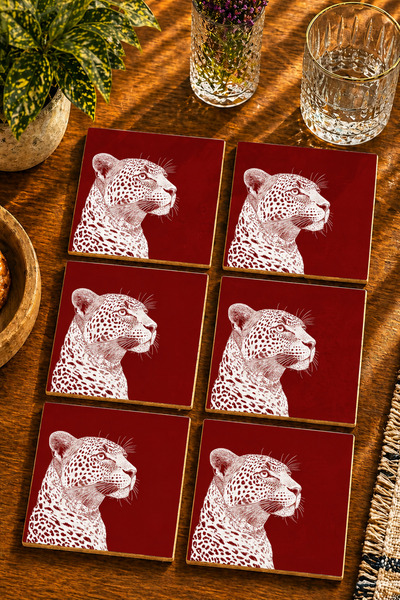 JHAAR Asil Leopard Design Modern Set of 6 Coasters - Uv Printing Mdf - 10X10 cm