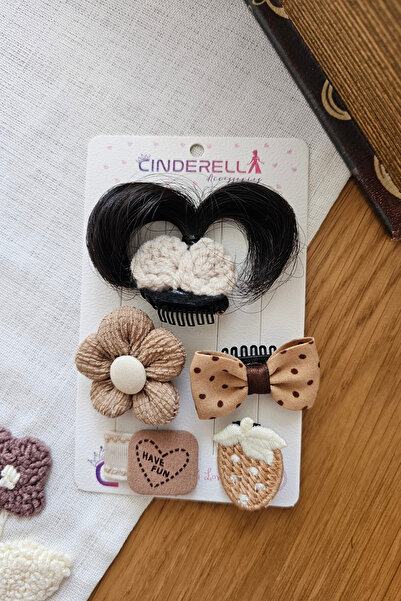 Cinderella 5'li Özel 3D Örgü Postişli Kahve Bohem Saçsız Bebek Toka Seti- Pua...