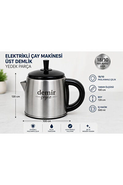 Demir Çeyiz Paslanmaz çelik çay makinesi üst demliği siyah el yakmaz kulplu 1...