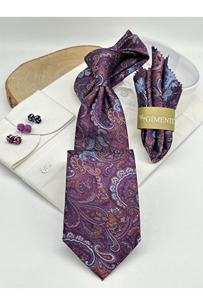 Gutiero Classic Tie with Purple Paisley Patterned Handkerchief