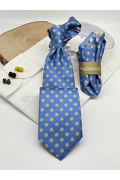 Gutiero Light Blue Polka Dot Classic Tie with Handkerchief