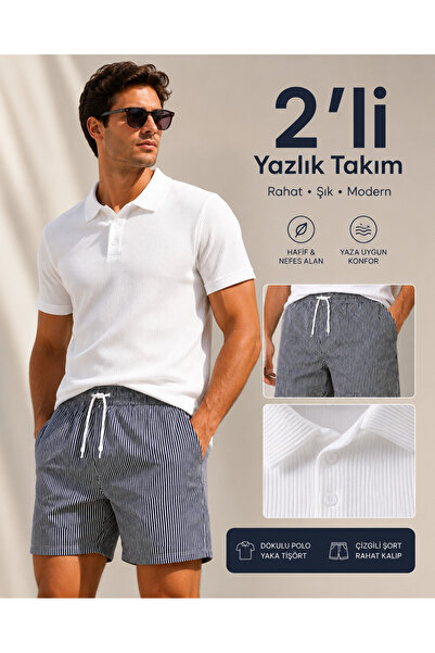 EKZMODA Erkek 2’li Yazlık Takım Dokulu Polo Yaka Tişört ve Çizgili Rahat Şort