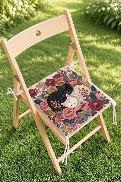 Home Kedi ve Çiçek Desenli Fermuarlı Sandalye Minderi - Vintage Bahçe Sandaly...