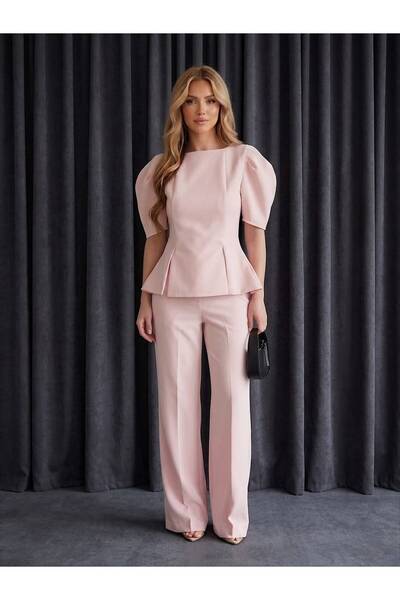 My Blog Pink Balloon Sleeve Blouse Pants Set - 5125