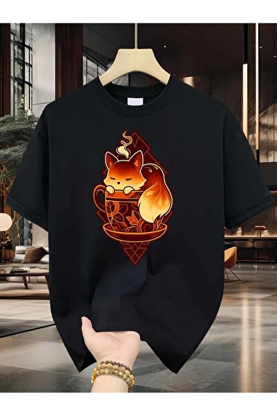 17 seramik Men'S T-Shirt | Sleeping Fox in Coffee Cup Print Pattern, Pure, Pr...