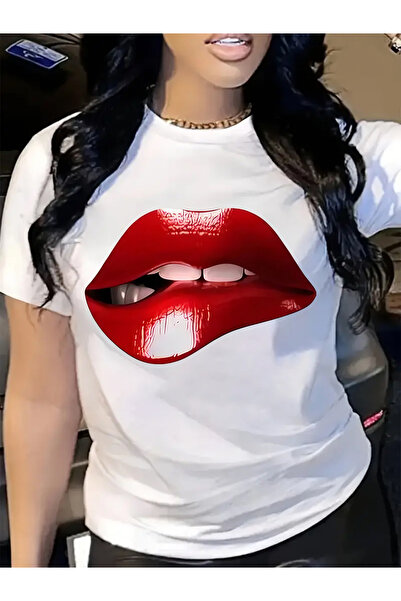 212Wear تي شيرت عصري بتصميم طباعة شفاه حمراء جذابة، قميص جديد مطبوع برقبة مست...