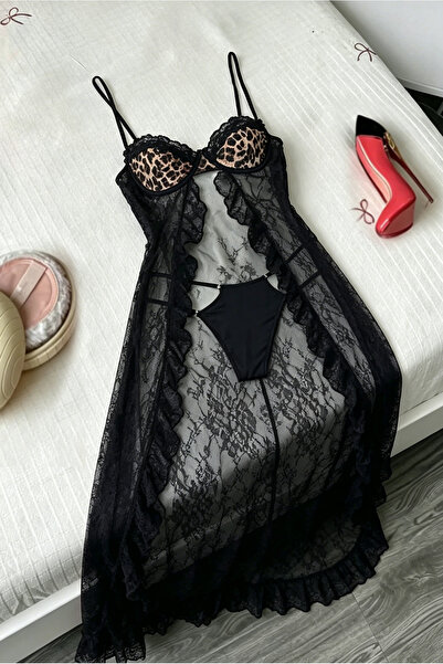 Shengzhou Jinshen Tie Leopard Print Bust Lace Nightgown Set, Women Sheer Ruff...