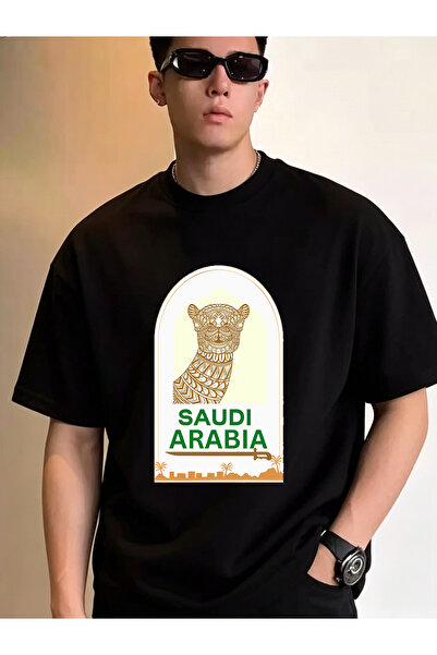 SAUDI قميص قطني 100% للرجال والنساء - تي شيرت فضفاض بياقة دائرية وأكمام قصيرة...