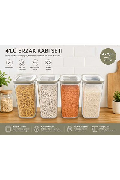 4 lü Kare Erzak Saklama Kabı 4 'lü Set Büyük Boy 1,75 Litre