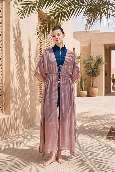 Haşema Tie-Dye Detailed Powder Color Long Tulle Pareo 1017